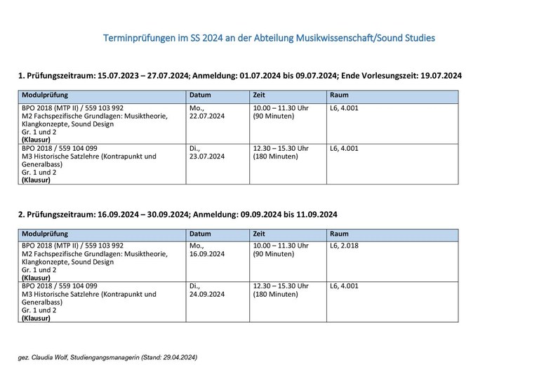 Terminprüfungen im SS 2024